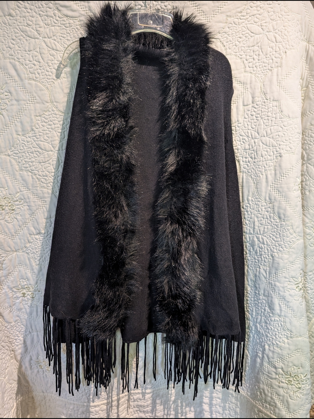 Black Faux Fur Trim Fringe Women's Sweater Poncho